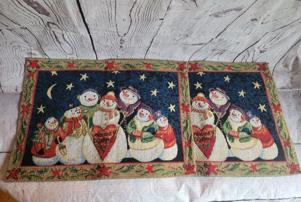 Vintage 2 Tapestry Decorative Placemats Holiday Winter Christmas Snowman 12x18